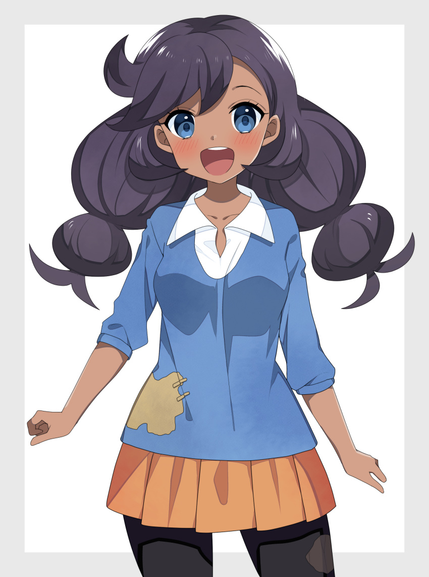 1girl :d absurdres black_hair black_legwear blue_eyes blue_shirt blush collarbone collared_shirt cowboy_shot dark_skin floating_hair highres long_hair looking_at_viewer matiere_(pokemon) miniskirt open_mouth orange_skirt pantyhose pleated_skirt pokemon pokemon_(game) pokemon_xy shiny shiny_hair shirt skirt smile solo standing twintails two-tone_background white_background white_shirt wing_collar yuihiko