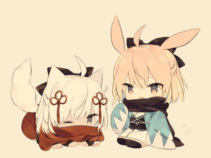 2girls ahoge animal_ears bangs black_bow black_legwear black_scarf blush bow breasts brown_eyes eyebrows_visible_through_hair fate/grand_order fate_(series) hair_between_eyes hair_bow hair_ornament japanese_clothes kemonomimi_mode kimono koha-ace large_breasts light_brown_hair long_sleeves lying mimo_lm multiple_girls obi okita_souji_(alter)_(fate) okita_souji_(fate) okita_souji_(fate)_(all) on_stomach one_eye_closed open_clothes red_scarf ribbon sash scarf seiza sitting sleeves_past_fingers sleeves_past_wrists tail tail_ribbon tassel tears thigh-highs white_hair white_kimono wide_sleeves