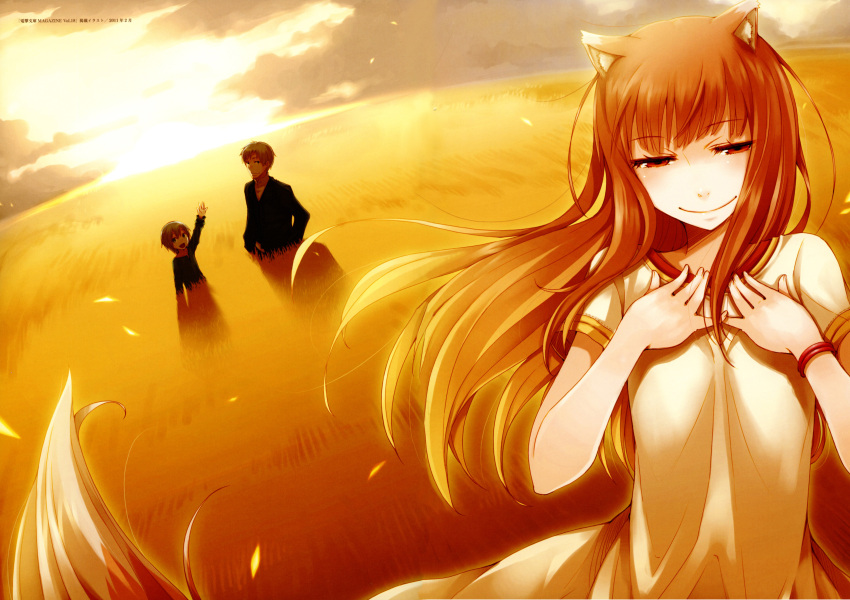 1girl 2boys :d absurdres animal_ears arm_up ayakura_juu bangs black_cardigan brown_hair craft_lawrence day dress eyebrows_visible_through_hair field floating_hair half-closed_eyes highres holo long_hair looking_at_viewer multiple_boys official_art open_mouth outdoors red_eyes short_sleeves smile spice_and_wolf standing tail tote_col very_long_hair white_dress wolf_ears wolf_tail