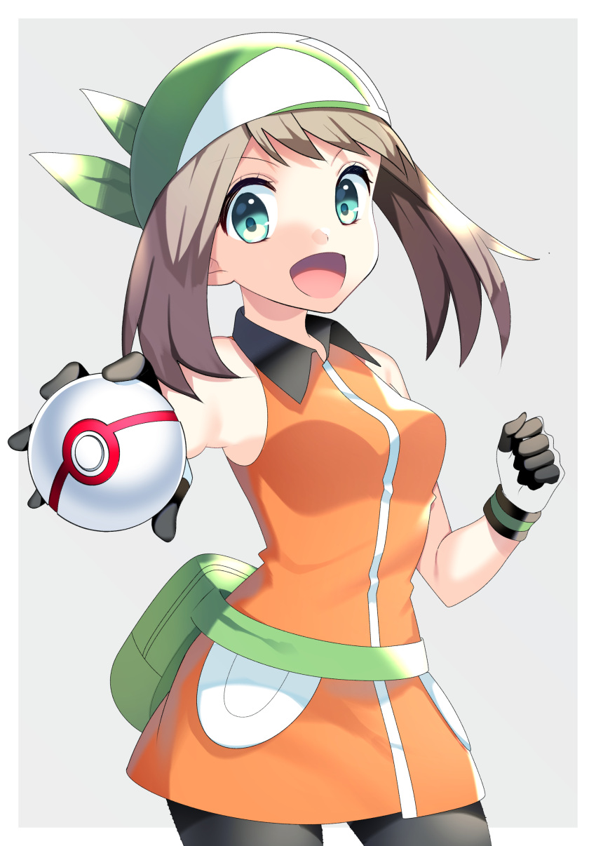 1girl :d absurdres black_pants blue_eyes brown_hair collared_jacket cowboy_shot green_bandana grey_background haruka_(pokemon) highres holding holding_poke_ball jacket long_hair looking_at_viewer open_mouth orange_jacket outstretched_arm pants poke_ball pokemon pokemon_(game) pokemon_rse print_bandana sleeveless_jacket smile solo standing wing_collar yuihiko