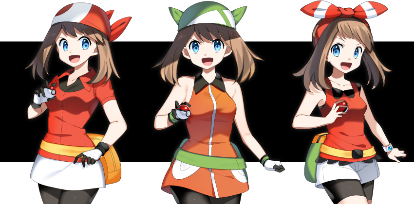 3girls :d bandana bike_shorts black_shorts blue_eyes bow bracelet breasts brown_hair collarbone collared_jacket cowboy_shot green_bandana hair_bow hairband haruka_(pokemon) highres holding holding_poke_ball jacket jewelry long_hair looking_at_viewer medium_breasts miniskirt multiple_girls open_mouth poke_ball pokemon pokemon_(game) pokemon_oras pokemon_rse print_bandana red_bandana red_hairband red_jacket red_shirt shirt short_shorts short_sleeves shorts shorts_under_shorts shorts_under_skirt skirt sleeveless sleeveless_jacket sleeveless_shirt smile standing striped striped_bow v-shaped_eyebrows white_shorts white_skirt wing_collar yuihiko