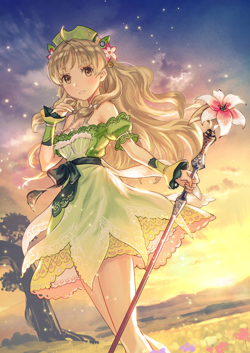 1girl anbe_yoshirou atelier_(series) atelier_ayesha ayesha_altugle bare_legs blonde_hair bow brown_eyes cowboy_shot dress flower green_bow green_dress green_headwear hair_flower hair_ornament highres holding holding_staff long_hair looking_at_viewer outdoors shiny shiny_skin smile solo staff standing tree waist_bow wrist_cuffs