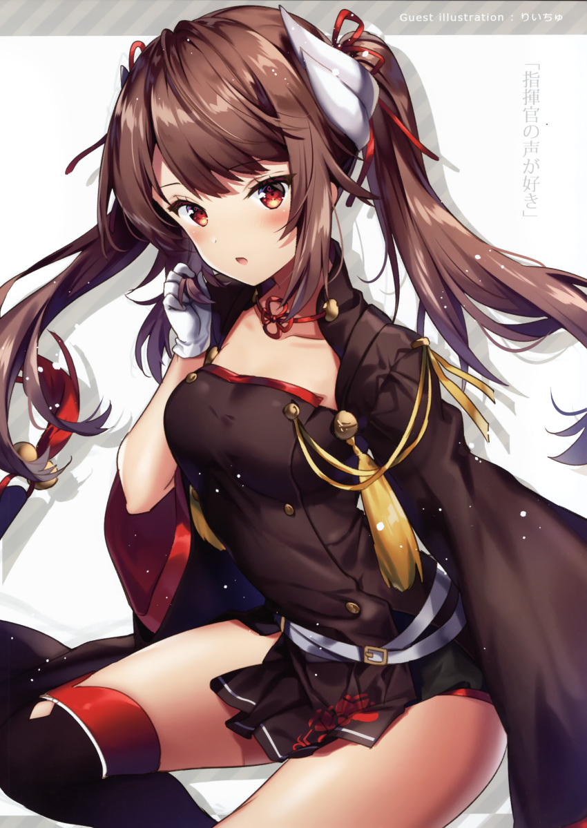 1girl absurdres azur_lane bangs belt blush breasts brown_hair collarbone eyebrows_visible_through_hair floral_print flower gloves hand_up haruna_(azur_lane) highres jacket_on_shoulders long_hair looking_at_viewer medium_breasts open_mouth red_eyes riichu scan shadow shiny shiny_hair shiny_skin simple_background single_thighhigh skirt solo thigh-highs thighs twintails uniform white_gloves