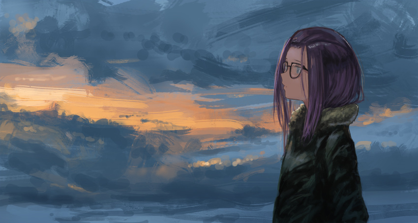 1girl bangs_pinned_back black-framed_eyewear clouds commentary_request fur-trimmed_jacket fur_trim glasses jacket kagamihara_sakura kagumanikusu long_hair long_sleeves purple_hair sky solo violet_eyes yurucamp