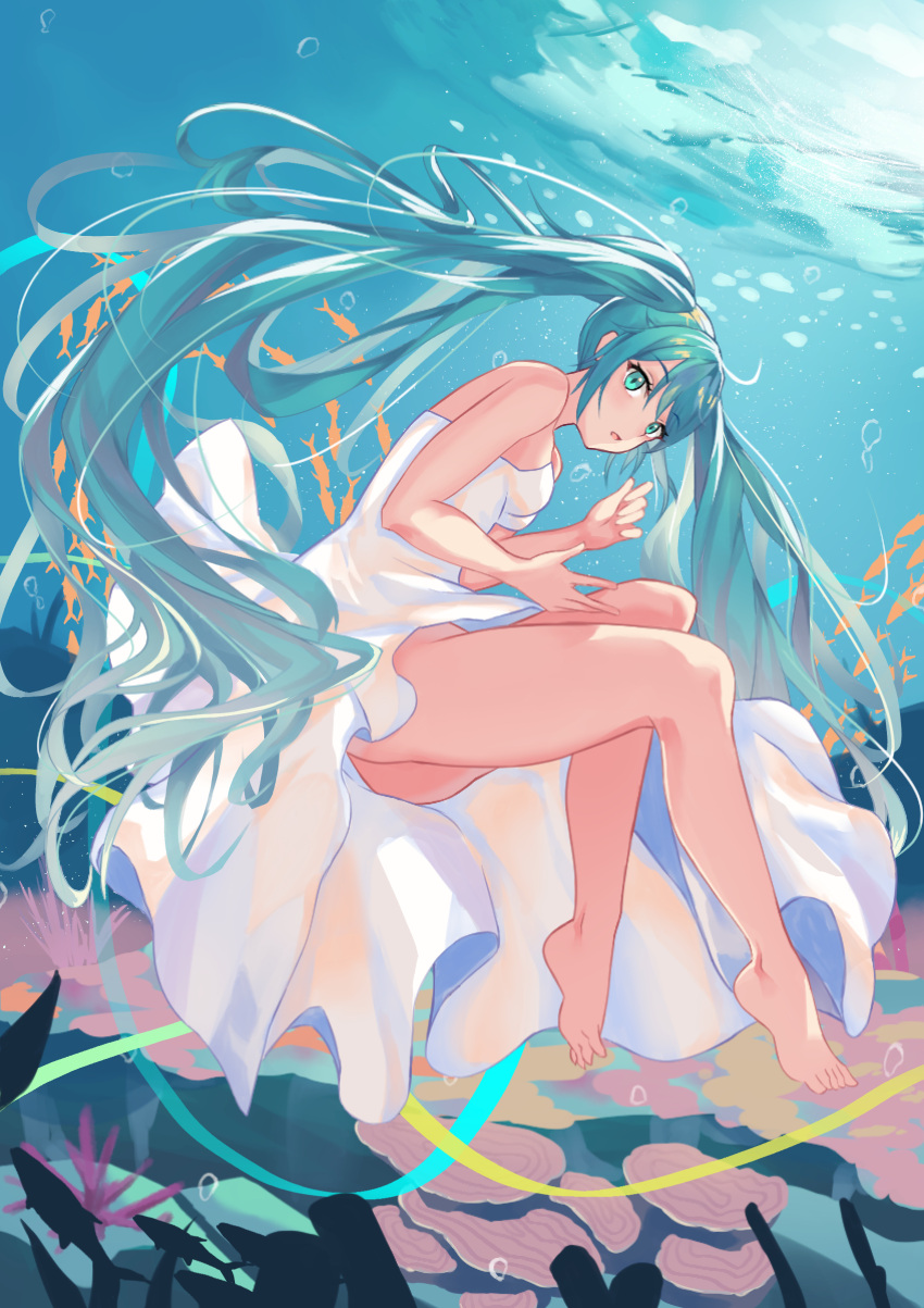 1girl absurdres aqua_eyes aqua_hair bare_legs bare_shoulders barefoot coral dress eyebrows_visible_through_hair fish floating floating_hair hair_between_eyes hatsune_miku highres invisible_chair leaning_forward long_hair looking_at_viewer nekoma0116 shiny shiny_hair sitting sleeveless sleeveless_dress solo thighs toes twintails underwater very_long_hair vocaloid white_dress