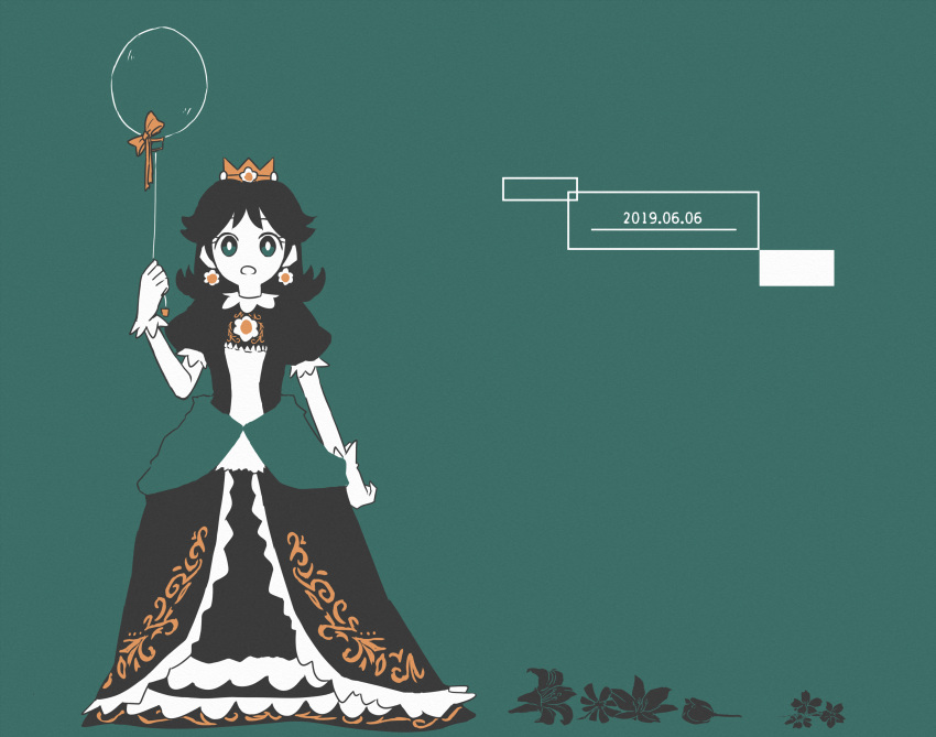 1girl 2019 alternate_color aqua_background aqua_eyes black_dress bow bright_pupils brooch crown dated dress earrings flipped_hair flower flower_earrings full_body gloves hand_up highres jewelry super_mario_bros. misowhite open_mouth orange_bow princess princess_daisy puffy_short_sleeves puffy_sleeves short_hair short_sleeves solo super_smash_bros. white_gloves white_pupils