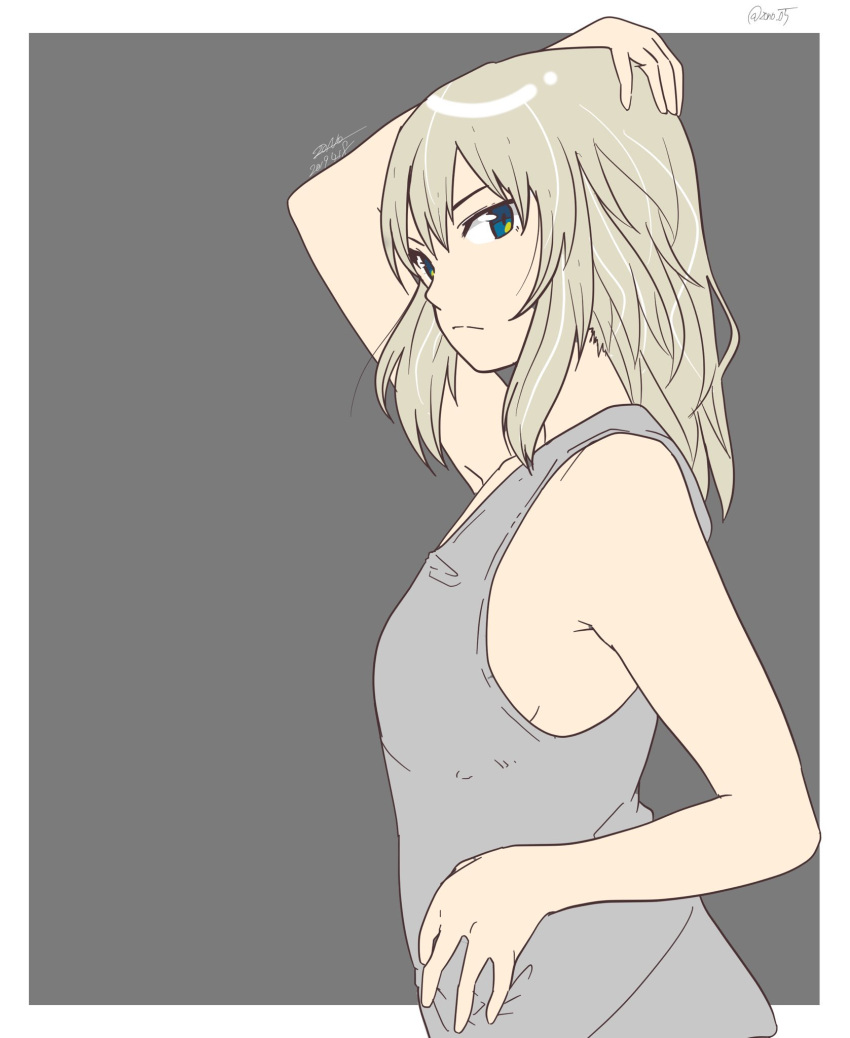 1girl arm_up artist_name blue_eyes casual closed_mouth commentary dated from_side frown girls_und_panzer grey_background grey_shirt hand_on_hip hand_on_own_head highres itsumi_erika long_hair looking_at_viewer outside_border shirt signature silver_hair simple_background solo tank_top twitter_username upper_body zono_(inokura_syuzo029)