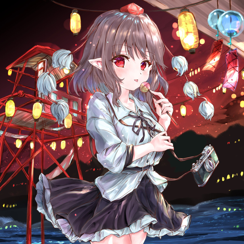 1girl belt black_neckwear black_skirt brown_hair camera candy commentary_request cowboy_shot eyebrows_visible_through_hair festival food gradient_sky hat highres holding holding_camera ikazuchi_akira lantern lollipop long_sleeves looking_at_viewer mountain neck_ribbon night outdoors petticoat pointy_ears pom_pom_(clothes) red_eyes red_sky ribbon shameimaru_aya shirt short_hair skirt sky solo standing tokin_hat tongue tongue_out touhou tower untucked_shirt water white_shirt wind wind_chime wind_lift