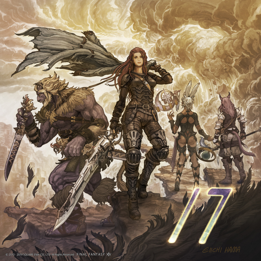 2boys 2girls animal_ears arm_at_side armor armored_boots artist_name ass astrologian_(final_fantasy) baggy_pants beard belt blonde_hair boots breastplate brown_hair cat_ears cat_tail claws closed_mouth clouds cloudy_sky coat coat_removed copyright copyright_name countdown dark_skin day dual_wielding eiichi_hama facial_hair final_fantasy final_fantasy_xiv fingerless_gloves floating_hair fur furry gloves gun gunblade gunbreaker_(final_fantasy) hairlocs hand_up highres holding holding_gun holding_sword holding_weapon hrothgar knee_pads knife lion_ears lion_tail lips long_hair long_sleeves looking_at_viewer miqo'te multiple_boys multiple_girls muscle ninja_(final_fantasy) number official_art outdoors over_shoulder pants purple_hair purple_skin rabbit_ears revealing_clothes roegadyn short_hair sky sword tagme tail torn_clothes torn_coat vest viera weapon white_hair wind