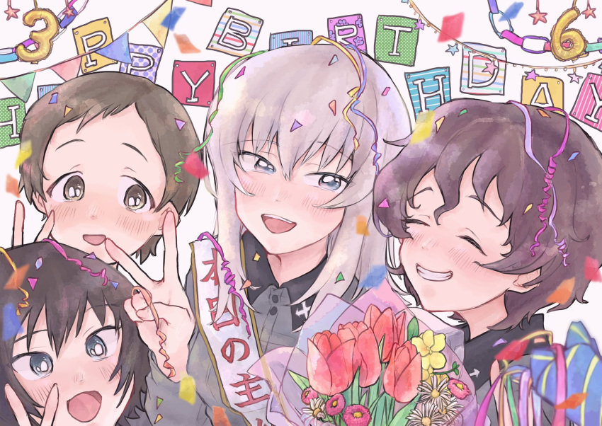 4girls akaboshi_koume bangs black_shirt blue_eyes blush bouquet brown_eyes closed_eyes confetti daisy eyebrows_visible_through_hair flower girls_und_panzer happy happy_birthday highres itsumi_erika kuromorimine_school_uniform long_hair long_sleeves looking_at_another mauko_(girls_und_panzer) multiple_girls number open_mouth party_popper red_flower ritaiko_(girls_und_panzer) sash school_uniform shirt short_hair silly_string silver_hair smile teeth tongue tsumin tulip v yellow_flower