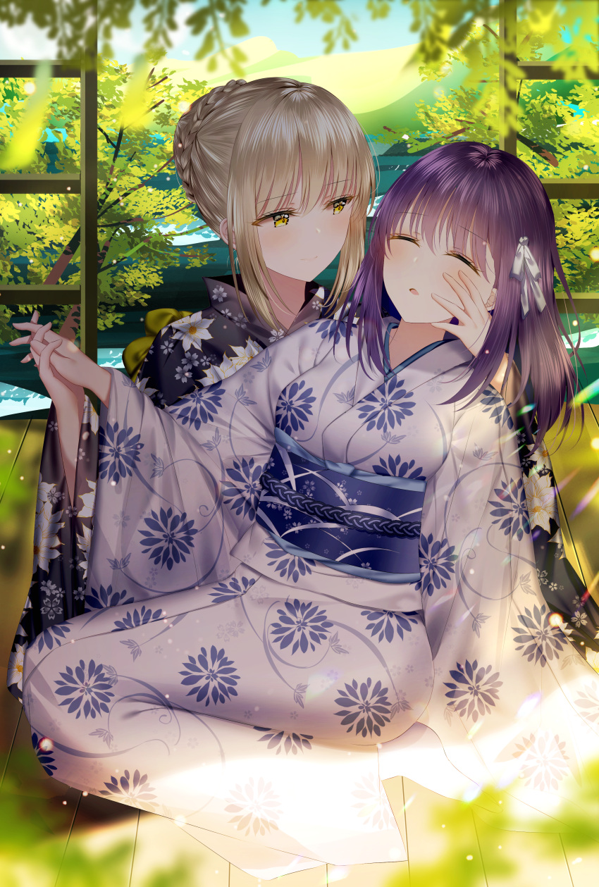 2girls absurdres artoria_pendragon_(all) bangs black_kimono blue_sky blurry blurry_foreground bow braid breasts closed_eyes closed_mouth clouds cloudy_sky commentary day depth_of_field eyebrows_visible_through_hair fate/stay_night fate_(series) floral_print hair_between_eyes hair_bow hair_bun highres holding_hands huge_filesize indoors interlocked_fingers japanese_clothes junpaku_karen kimono light_brown_hair long_sleeves looking_at_another matou_sakura medium_breasts multiple_girls obi parted_lips print_kimono purple_hair saber_alter sash sidelocks sky smile symbol_commentary tree white_bow white_kimono wide_sleeves wooden_floor yellow_eyes