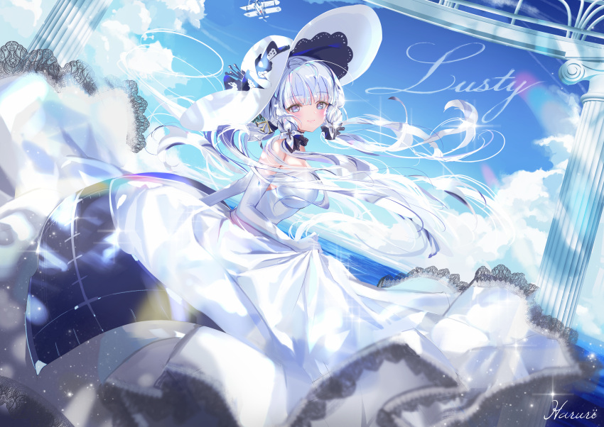 1girl absurdres azur_lane blue_sky breasts dress elbow_gloves eyebrows_visible_through_hair gloves hair_ribbon hat highres illustrious_(azur_lane) lace_trim large_breasts low_twintails mole mole_under_eye mullpull ribbon sidelocks sky strapless strapless_dress sun_hat swordfish_(airplane) tress_ribbon tri_tails twintails white_dress white_gloves white_hair white_headwear