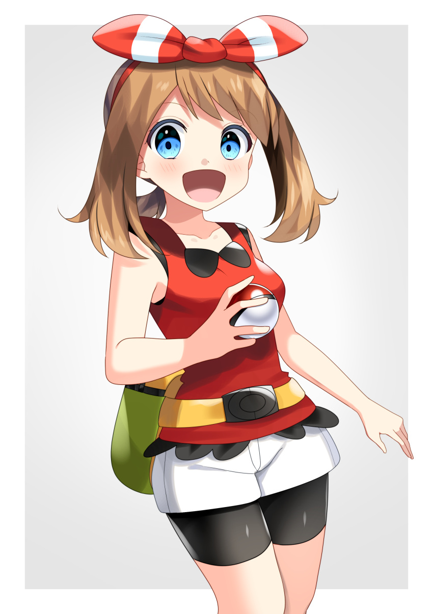 1girl :d absurdres bike_shorts black_shorts blue_eyes bow brown_hair collarbone cowboy_shot grey_background hair_bow hairband haruka_(pokemon) highres holding holding_poke_ball long_hair looking_at_viewer open_mouth poke_ball pokemon pokemon_(game) pokemon_oras red_hairband red_shirt shirt short_shorts shorts shorts_under_shorts sleeveless sleeveless_shirt smile solo standing striped striped_bow twintails two-tone_background white_background white_shorts yellow_belt yuihiko