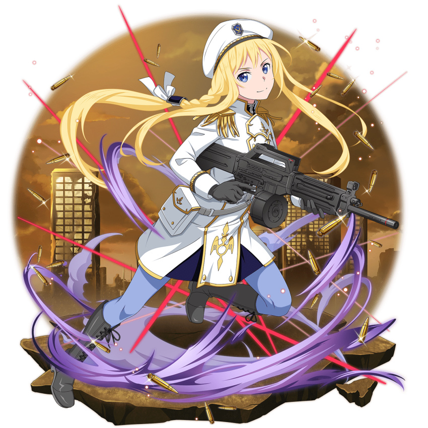 1girl alice_schuberg black_gloves blonde_hair blue_eyes blue_pants boots bow braided_ponytail bullet closed_mouth floating_hair full_body gloves grey_gloves gun hair_bow hat highres holding holding_gun holding_weapon knee_boots leg_up long_hair looking_at_viewer military military_hat military_uniform official_alternate_costume official_art pants ponytail rifle running smile solo sword_art_online uniform very_long_hair weapon white_bow white_coat white_headwear