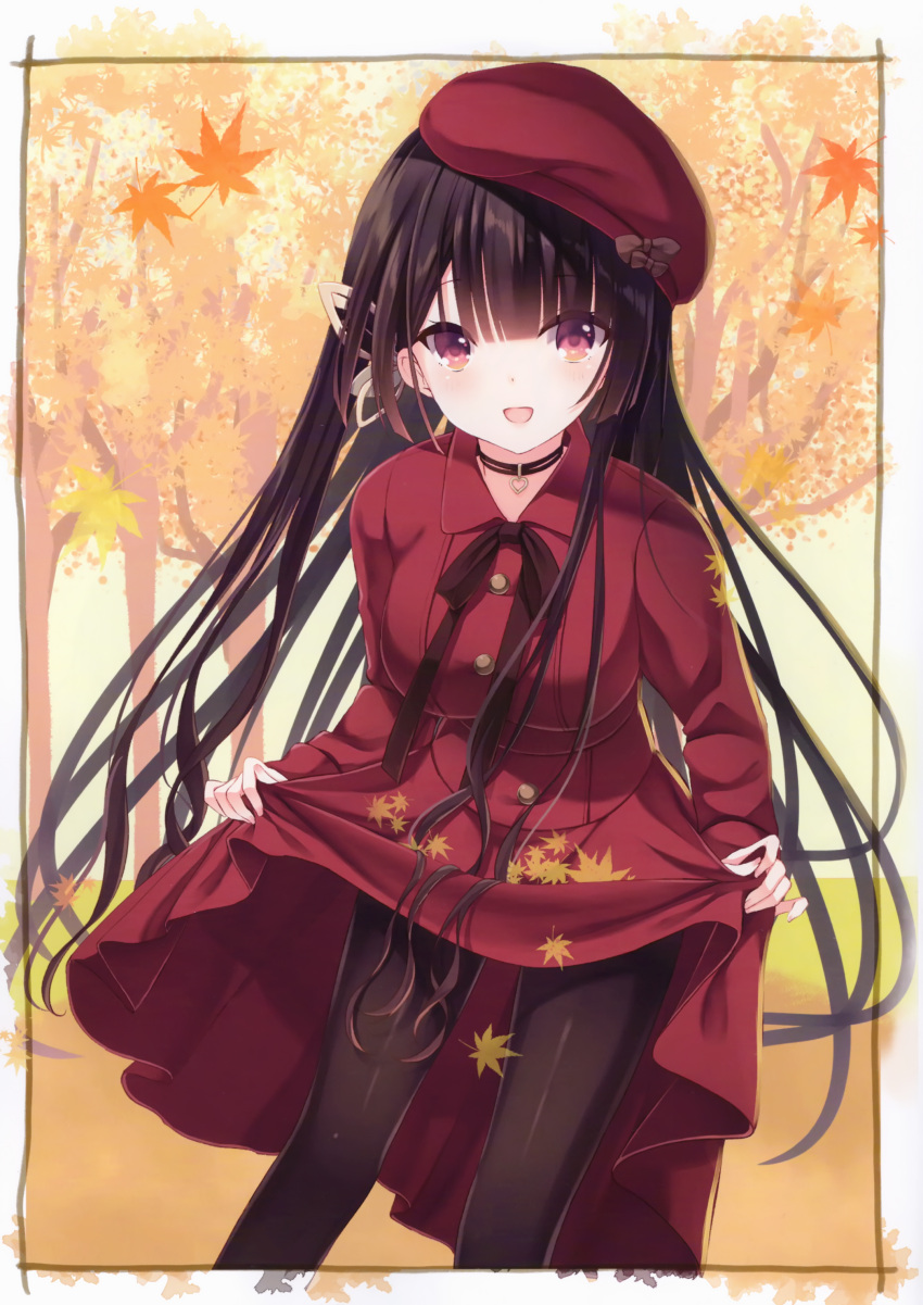 1girl absurdres autumn_leaves bangs beret black_hair black_legwear blush bow bowtie breasts buttons choker dress eyebrows_visible_through_hair hair_ornament hat heart heart_necklace highres holding kinoko5123 large_breasts long_hair long_sleeves open_mouth original pantyhose red_eyes ribbon scan shiny shiny_clothes shiny_hair shiny_skin simple_background skirt skirt_hold smile solo tree