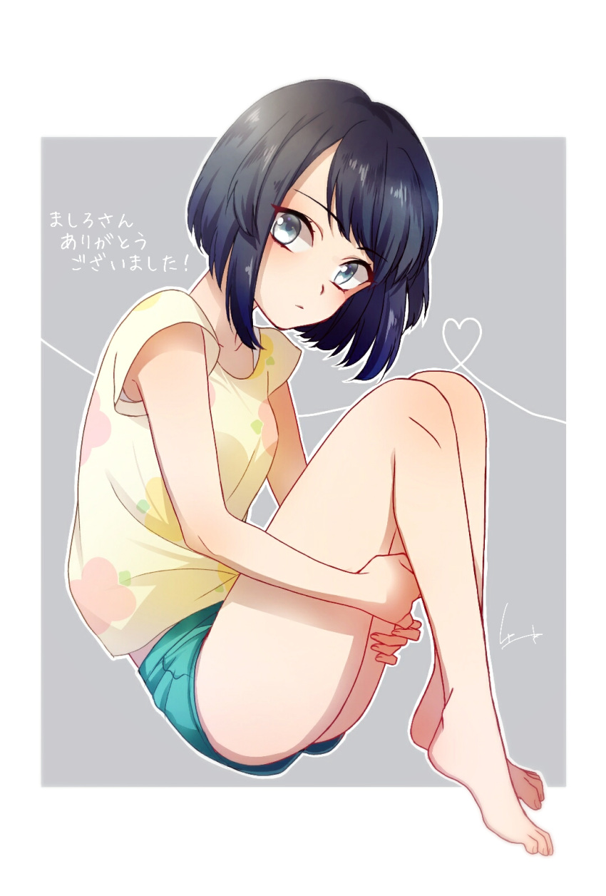 1girl bangs barefoot black_hair collarbone full_body green_shorts grey_eyes highres leg_hug looking_at_viewer mizuki_(pokemon) pokemon pokemon_(game) pokemon_sm print_shirt shiny shiny_hair shirt short_hair short_shorts shorts sitting sleeveless sleeveless_shirt solo swept_bangs yellow_shirt yuuki_(yuuk_yume)