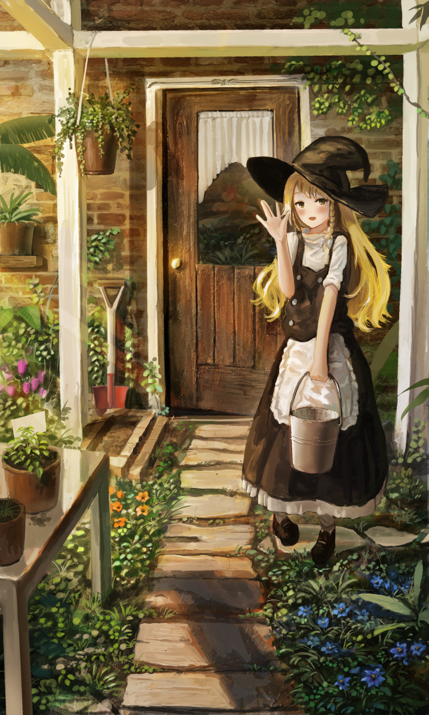 1girl apron black_dress black_footwear black_headwear blonde_hair blue_flower braid bucket day door dress fjsmu flower hand_up hanging_plant hat highres holding kirisame_marisa long_hair looking_at_viewer orange_flower outdoors pavement plant potted_plant shoes short_sleeves shovel solo standing sunlight table touhou waist_apron witch_hat yellow_eyes