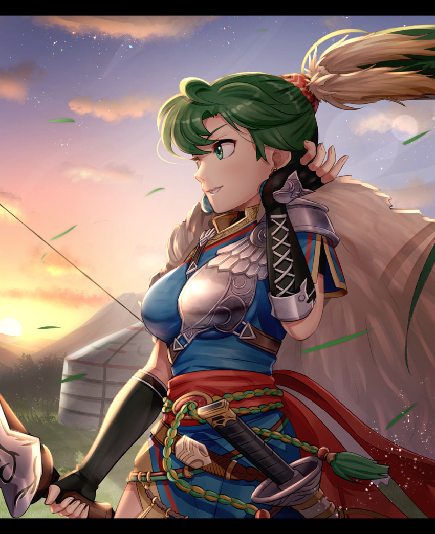 1girl aqua_eyes black_gloves blue_dress bow bow_(weapon) clouds dress earrings elbow_gloves fingerless_gloves fire_emblem fire_emblem:_rekka_no_ken fire_emblem_heroes gloves gonzarez grass green_hair hand_up highres holding holding_bow_(weapon) holding_weapon intelligent_systems jewelry letterboxed long_hair lyndis_(fire_emblem) nintendo outdoors ponytail sash sheath sheathed sky smile solo sun super_smash_bros. sword twilight weapon