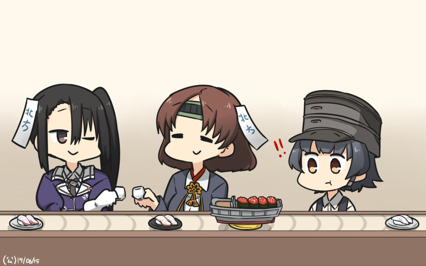 !! 3girls arare_(kantai_collection) black_hair blouse brown_eyes brown_hair chiyoda_(kantai_collection) choko_(cup) closed_eyes commentary_request conveyor_belt conveyor_belt_sushi cup dated food gloves hamu_koutarou hat headband highres kantai_collection multiple_girls nachi_(kantai_collection) one_eye_closed remodel_(kantai_collection) school_uniform short_hair side_ponytail sushi tag white_gloves