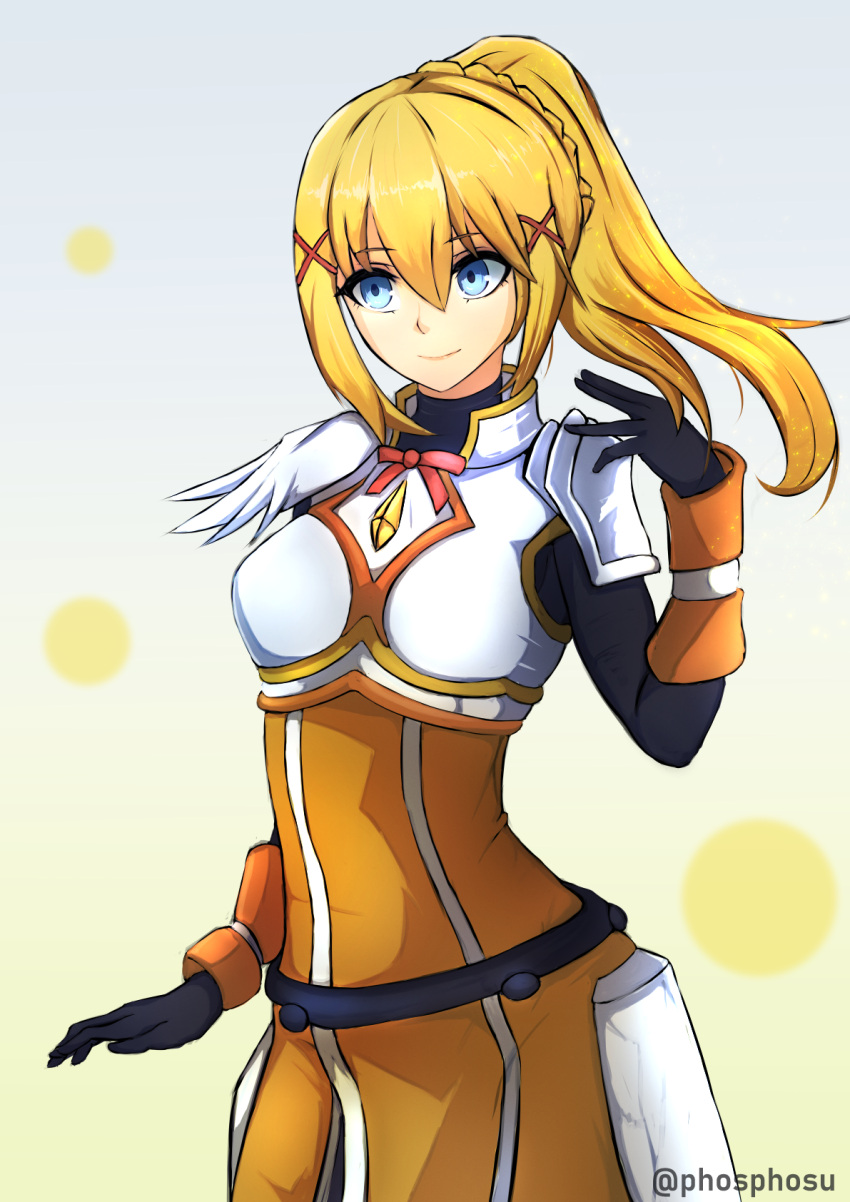 1girl artist_name blonde_hair blue_eyes breastplate breasts commentary_request darkness_(konosuba) eyebrows_visible_through_hair hair_between_eyes hair_ornament highres kono_subarashii_sekai_ni_shukufuku_wo! large_breasts long_hair phos ponytail red_ribbon ribbon shoulder_plates solo x_hair_ornament