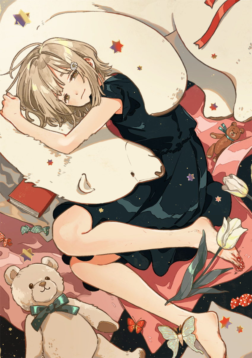 1girl bangs barefoot bear black_dress blanket blonde_hair blood blunt_bangs bob_cut book bug candy daisy dress fetal_position flower food hair_flower hair_ornament highres insect keishin looking_at_viewer lying moth no_shoes on_side original polar_bear polka_dot ribbon shiny shiny_clothes shiny_hair short_hair short_sleeves smile solo star stuffed_animal stuffed_toy tareme teddy_bear toy tulip