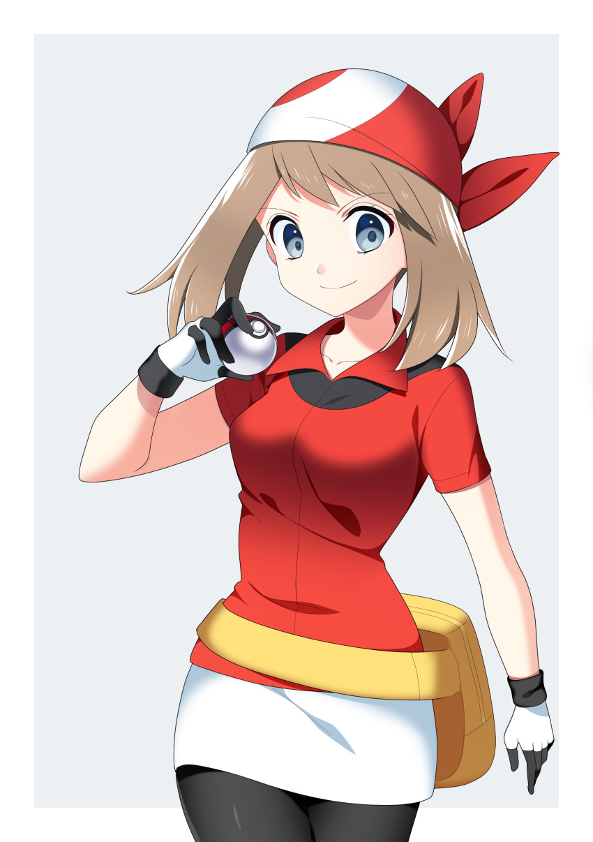 1girl absurdres bike_shorts black_shorts blue_eyes breasts brown_hair closed_mouth collarbone collared_jacket cowboy_shot gloves grey_background haruka_(pokemon) highres holding holding_poke_ball jacket long_hair looking_at_viewer medium_breasts miniskirt poke_ball pokemon pokemon_(game) pokemon_rse print_bandana red_bandana red_jacket shiny shiny_hair short_sleeves shorts shorts_under_skirt skirt smile solo standing two-tone_background white_background white_skirt wing_collar yuihiko