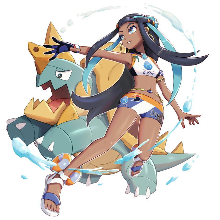 1girl bikini black_gloves black_hair blue_eyes blue_hair dark_skin drednaw earrings eyeliner full_body gen_8_pokemon gloves gonzarez gym_leader highres hoop_earrings jewelry lifebuoy long_hair makeup multicolored_hair necklace outstretched_arm parted_lips partly_fingerless_gloves pokemon pokemon_(creature) pokemon_(game) pokemon_swsh rurina_(pokemon) sandals single_glove smile swimsuit two-tone_hair very_long_hair white_background