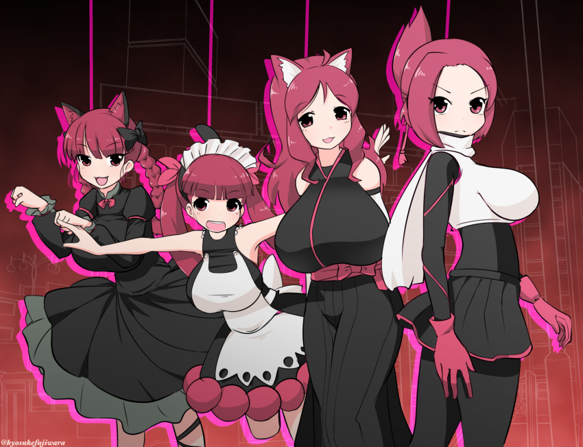 4girls :3 animal_ears arms_behind_back bangs black_bow black_dress blunt_bangs bow braid breasts cat_ears closed_mouth commentary_request crossover dress extra_ears eyebrows_visible_through_hair fangs folded_ponytail from_side frown gloves hair_bow hair_ribbon highres huge_breasts jacket juliet_sleeves kaenbyou_rin kemurikusa kyosuke_fujiwara large_breasts leaning_forward leg_up long_dress long_sleeves looking_at_viewer maid_headdress medium_dress microskirt multiple_girls open_mouth outstretched_arms pantyhose paw_pose puffy_sleeves red_eyes red_gloves red_ribbon redhead ribbon rin_(kemurikusa) rina_(kemurikusa) ritsu_(kemurikusa) scarf scrunchie short_hair silhouette skirt sleeveless sleeveless_dress smile spread_arms standing standing_on_one_leg touhou twin_braids twintails twitter_username white_jacket white_scarf white_scrunchie