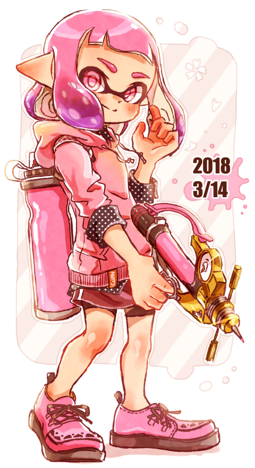 1girl absurdres bangs bike_shorts black_shorts black_skirt blunt_bangs closed_mouth cross-laced_footwear diagonal-striped_background diagonal_stripes domino_mask double_vertical_stripe drawstring harutarou_(orion_3boshi) head_tilt highres holding holding_weapon hood hoodie ink_tank_(splatoon) inkling long_sleeves looking_at_viewer mask medium_hair miniskirt pink_footwear pink_shirt pointy_ears polka_dot print_skirt purple_hair shirt shoes shorts shorts_under_skirt skirt smile solo sparkle splatoon_(series) splatoon_2 standing striped striped_background tentacle_hair violet_eyes weapon