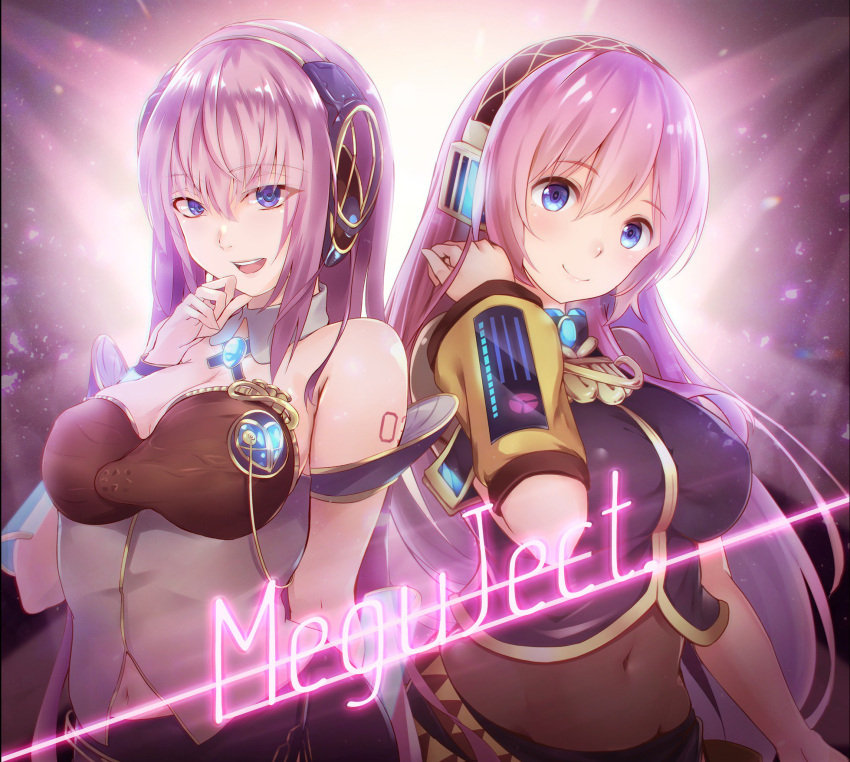 2girls adjusting_hair amulet armband armlet asymmetrical_sleeves bare_shoulders belt bit_(keikou_syrup) blue_eyes breasts collaboration commentary crop_top dual_persona endou_(zettai_bluenoid) gold_trim head_tilt headphones highres large_breasts lens_flare lipstick long_hair looking_at_viewer makeup megurine_luka megurine_luka_(vocaloid4) midriff multiple_girls navel open_mouth pink_hair shirt shoulder_tattoo side-by-side skirt sleeveless sleeveless_shirt smile spotlight straight_hair tattoo vocaloid