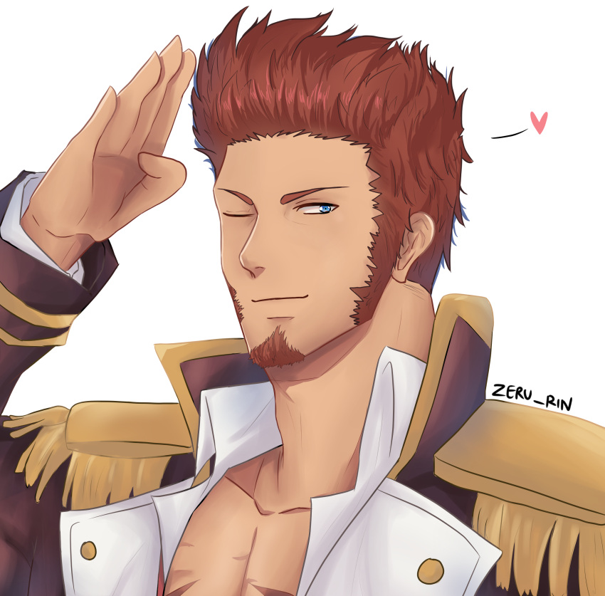 1boy beard blue_eyes brown_hair closed_mouth epaulettes facial_hair fate/grand_order fate_(series) heart highres long_sleeves male_focus napoleon_bonaparte_(fate/grand_order) one_eye_closed open_clothes open_shirt salute scar simple_background smile zeru_rin