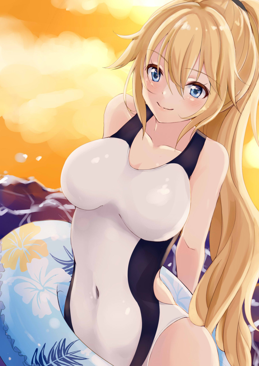 1girl blonde_hair blue_eyes blush breasts breasts_apart clouds collarbone commentary_request competition_swimsuit covered_navel dutch_angle fate/grand_order fate_(series) highres innertube jeanne_d'arc_(fate)_(all) jeanne_d'arc_(swimsuit_archer) large_breasts long_hair looking_at_viewer ocean one-piece_swimsuit orange_sky ponytail roriwanko sky smile solo swimsuit very_long_hair