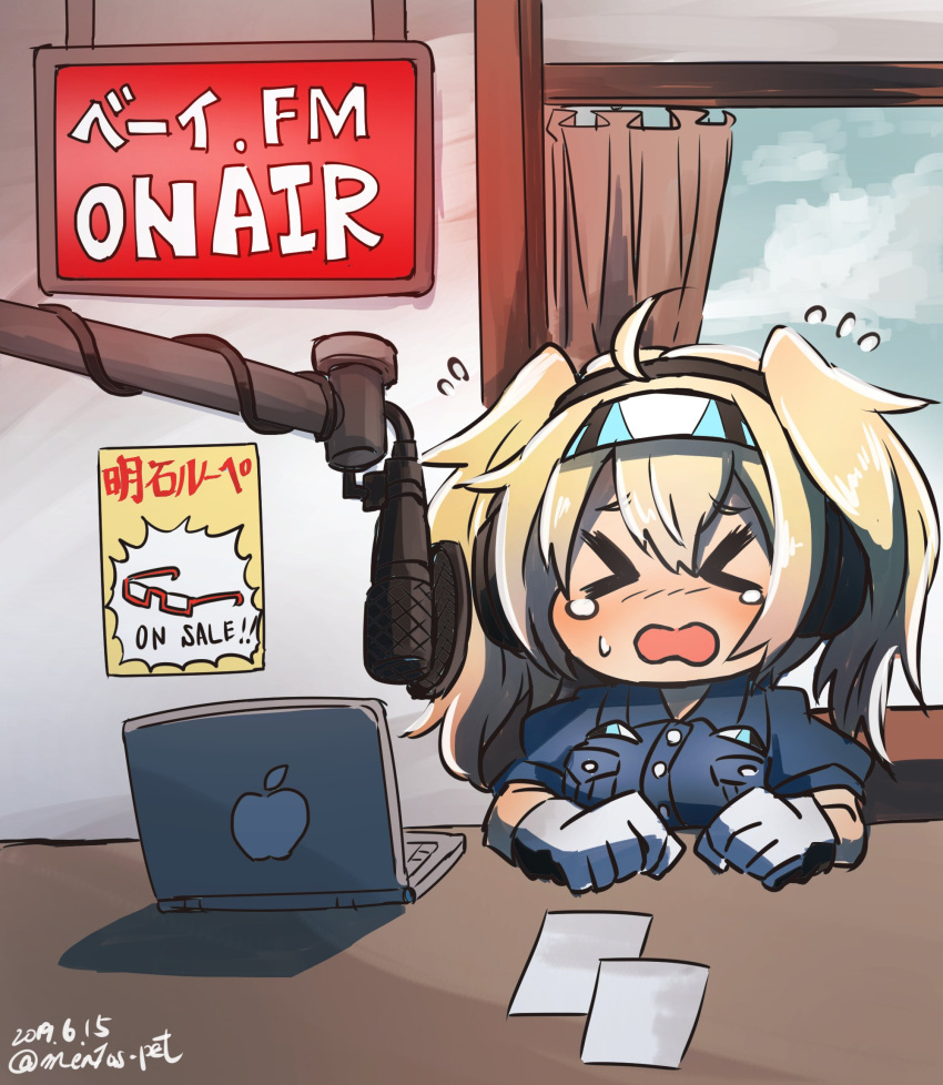 &gt;_&lt; 1girl aoba_(akibajun) apple_inc. blonde_hair blue_eyes blue_shirt blue_sky breast_pocket breasts clouds collared_shirt commentary_request computer dated gambier_bay_(kantai_collection) gloves hairband highres indoors kantai_collection laptop large_breasts macintosh microphone multicolored multicolored_clothes multicolored_gloves open_mouth pocket shirt sign sky solo table tearing_up twintails twitter_username upper_body window
