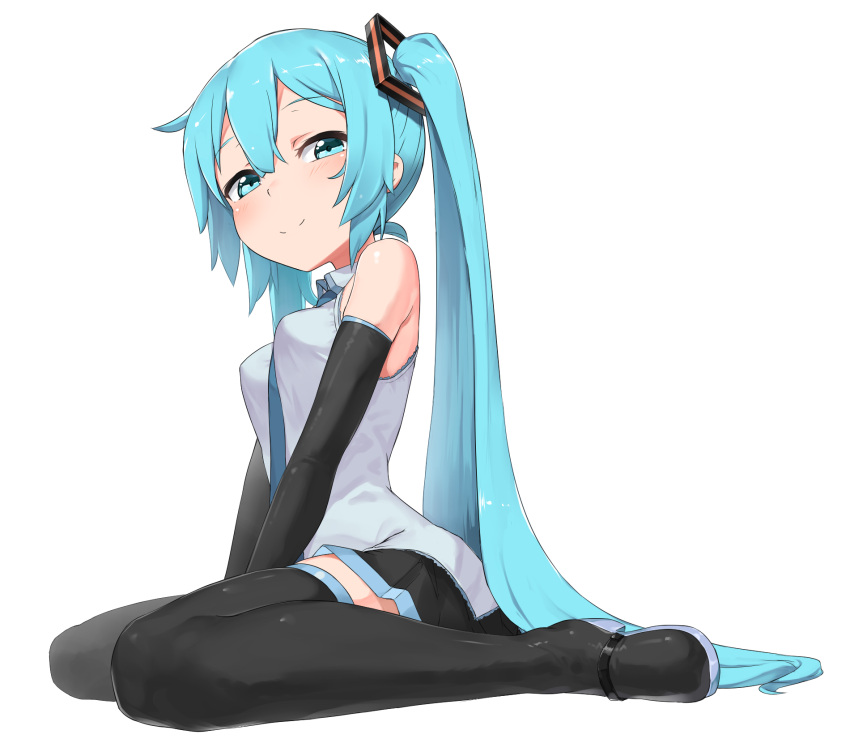 1girl abmayo aqua_eyes aqua_hair boots breasts elbow_gloves full_body gloves hair_between_eyes hatsune_miku highres long_hair looking_at_viewer necktie pleated_skirt sidelocks simple_background sitting skirt small_breasts smile solo thigh-highs thigh_boots twintails very_long_hair vocaloid wariza white_background