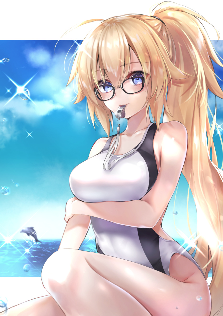 1girl ahoge black-framed_eyewear blonde_hair blue_eyes blush breast_hold breasts clouds collarbone commentary_request competition_swimsuit day dolphin eyebrows_visible_through_hair fate/grand_order fate_(series) glasses hair_between_eyes hane_yuki highres jeanne_d'arc_(fate)_(all) jeanne_d'arc_(swimsuit_archer) large_breasts long_hair looking_at_viewer ocean one-piece_swimsuit smile solo sparkle swimsuit thighs very_long_hair whistle whistle_around_neck