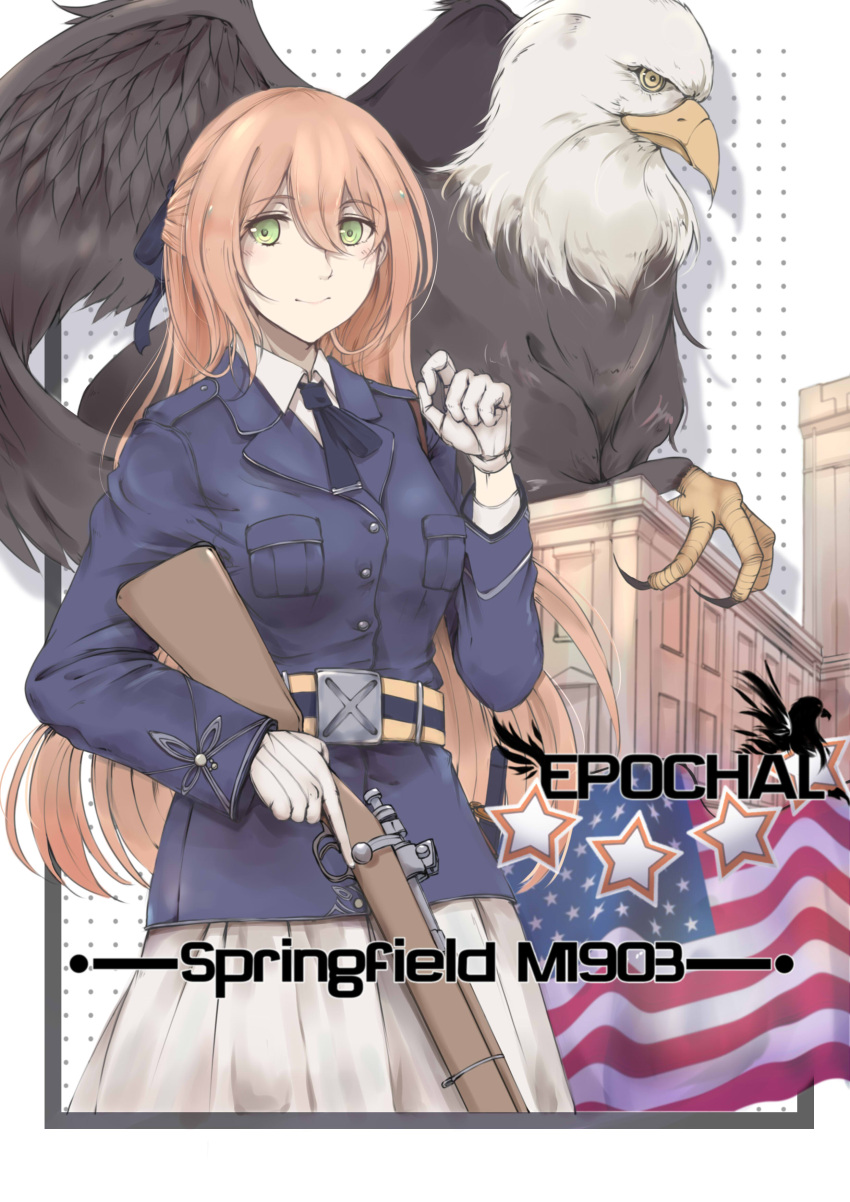 1girl absurdres brown_hair building character_name claws english_text eyebrows_visible_through_hair feathers girls_frontline gloves green_eyes griffin highres m1903_springfield m1903_springfield_(girls_frontline) military military_uniform nantiao_diudiu trigger_discipline uniform