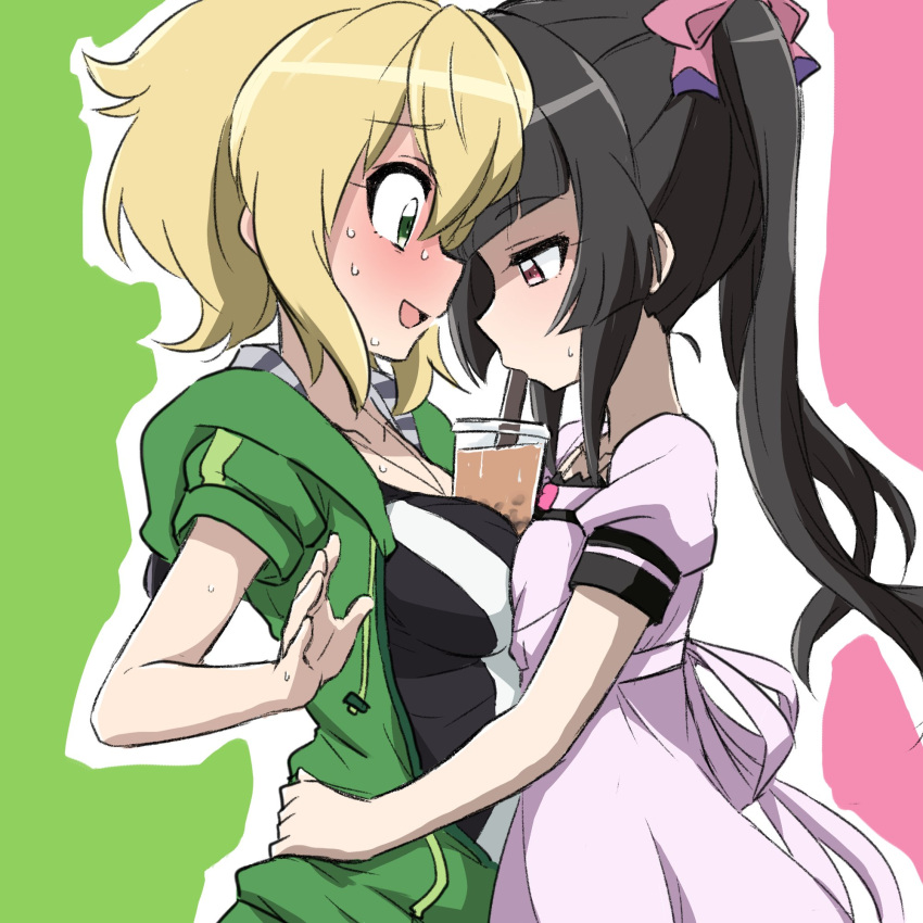 2girls akatsuki_kirika bangs between_breasts black_hair blonde_hair blunt_bangs blush breast_press breasts collarbone dress drink drinking drinking_straw eyebrows_visible_through_hair green_eyes highres hood hoodie hug jacket jewelry multiple_girls necklace oonamuamidabutu open_clothes open_jacket open_mouth pink_eyes senki_zesshou_symphogear sweatdrop symmetrical_docking symphogear_pendant tsukuyomi_shirabe twintails yuri