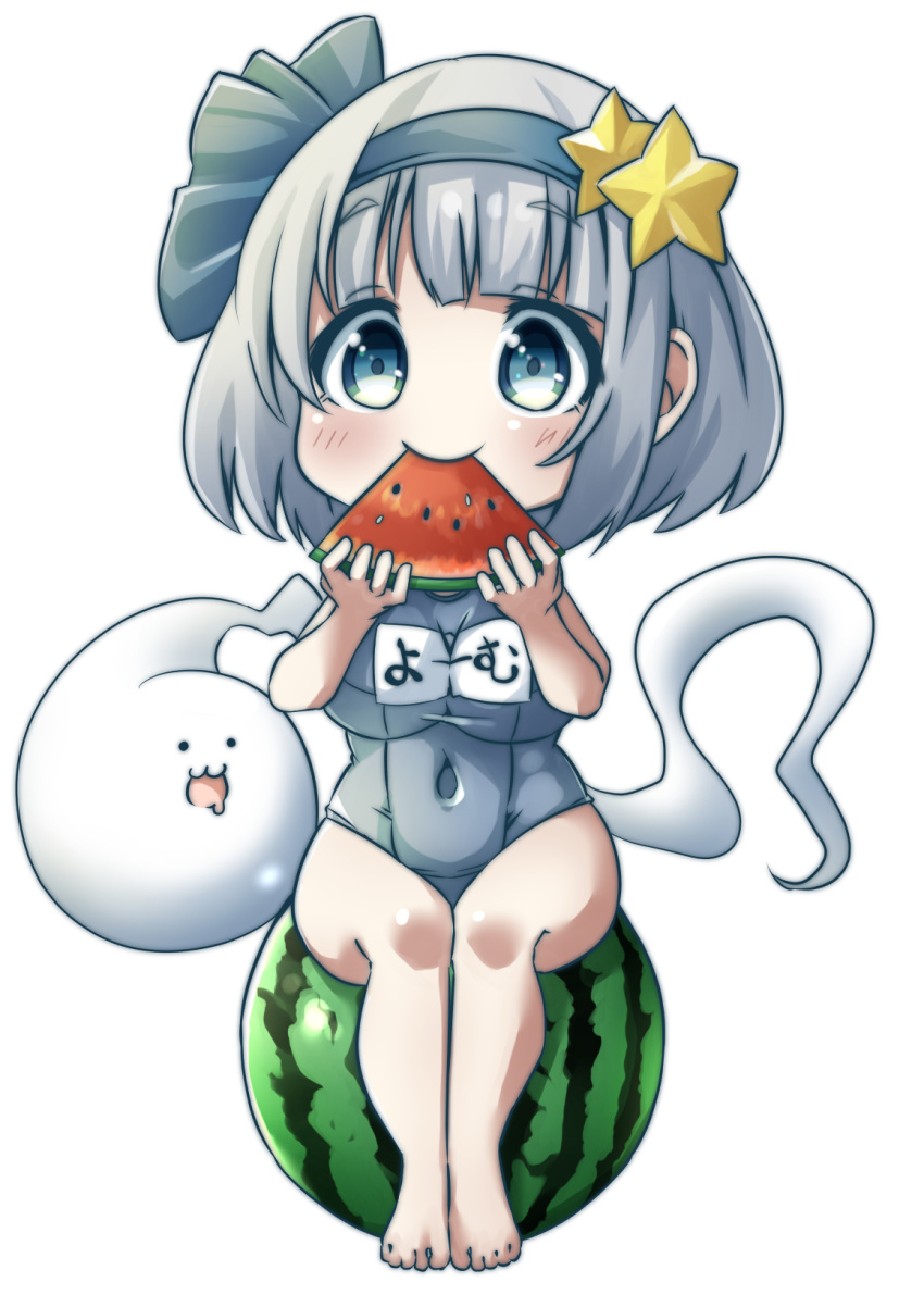._. 1girl :3 alternate_costume arms_up barefoot blush breasts character_name chibi commentary eating eyebrows_visible_through_hair food food_in_mouth fruit grey_eyes hair_ornament hair_ribbon highres holding holding_food holding_fruit impossible_clothes impossible_swimsuit konpaku_youmu konpaku_youmu_(ghost) large_breasts looking_at_viewer melon_slice old_school_swimsuit one-piece_swimsuit open_mouth pegashi ribbon school_swimsuit short_hair silver_hair simple_background sitting_on_food smile solo star star_hair_ornament swimsuit thick_eyebrows touhou translated watermelon white_background