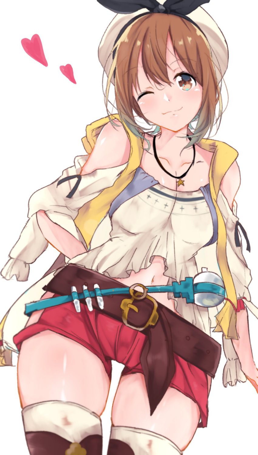 1girl atelier_(series) atelier_ryza belt brown_eyes brown_hair closed_mouth collarbone cowboy_shot harusame_(moyuna412) heart highres jewelry looking_at_viewer navel necklace one_eye_closed red_shorts reisalin_stout shiny shiny_skin shirt short_hair short_shorts shorts simple_background smile solo standing thigh-highs thighs white_background white_headwear white_shirt