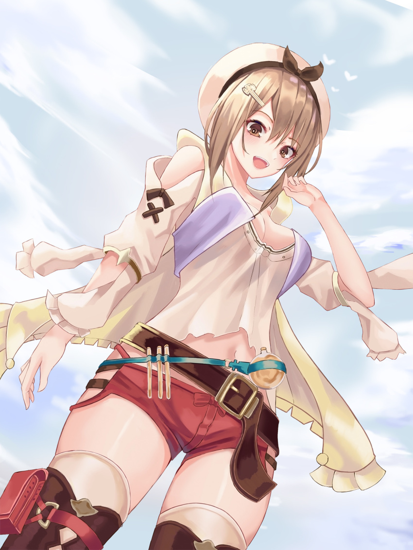 1girl :d absurdres arm_up atelier_(series) atelier_ryza bangs belt blush boots breasts brown_eyes brown_hair clouds cup6542 hair_between_eyes hair_ornament hairclip hat highres looking_at_viewer medium_breasts navel open_mouth outdoors pouch red_shorts reisalin_stout round-bottom_flask shirt short_hair short_shorts shorts sidelocks sky smile solo thick_thighs thigh-highs thigh_boots thighs white_headwear white_legwear white_shirt