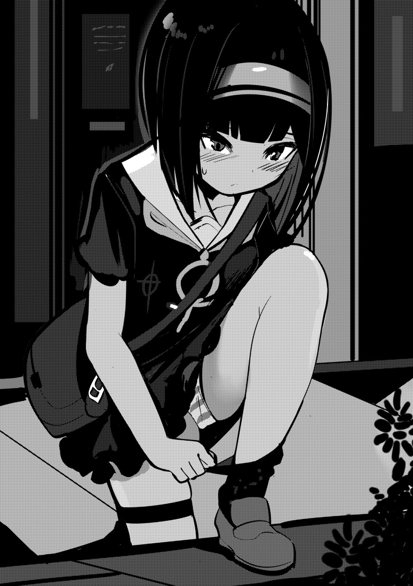 1girl absurdres adjusting_clothes adjusting_legwear ankh bag bangs blush closed_mouth collarbone collared_shirt commentary_request greyscale hairband highres knee_up loafers looking_away looking_down monochrome original panties shirt shoes short_hair short_sleeves shoulder_bag skirt socks solo standing striped striped_panties sweat toy_box-r underwear