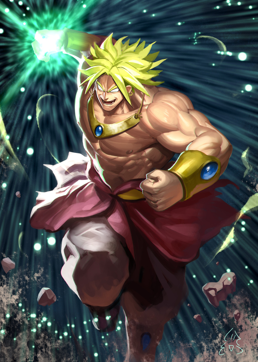 1boy blonde_hair bracer broly clenched_hand dragon_ball glowing glowing_hand highres jewelry jintetsu looking_at_viewer male_focus muscle no_pupils open_mouth pebble solo spiky_hair standing standing_on_one_leg