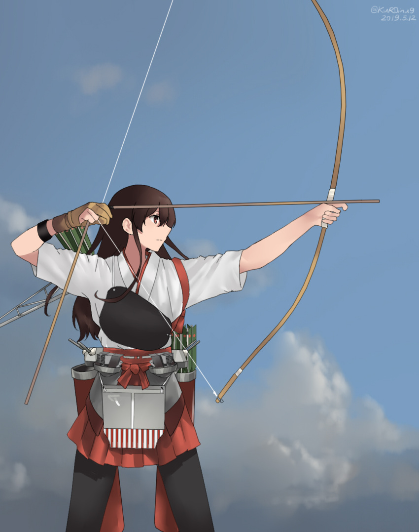 akagi_(kantai_collection) apron archery arrow bangs black_legwear bow_(weapon) brown_eyes brown_gloves brown_hair clouds cloudy_sky commentary_request cowboy_shot day flight_deck geta gloves hakama_skirt highres japanese_clothes kantai_collection kuroinu9 kyuudou long_hair long_sleeves machinery mast muneate nontraditional_miko outdoors partly_fingerless_gloves profile quiver red_skirt rigging single_glove skirt sky straight_hair tasuki thigh-highs weapon