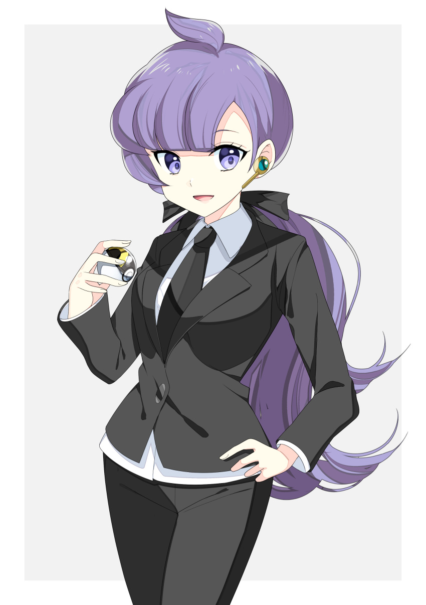 1girl :d absurdres ahoge anabel_(pokemon) bangs black_bow black_jacket black_neckwear black_pants bow collared_shirt cowboy_shot earrings floating_hair formal grey_background hair_bow highres holding holding_poke_ball jacket jewelry long_hair long_sleeves looking_at_viewer low_ponytail necktie open_mouth pant_suit pants poke_ball pokemon pokemon_sm purple_hair shirt smile solo standing suit ultra_ball very_long_hair violet_eyes white_shirt wing_collar yuihiko