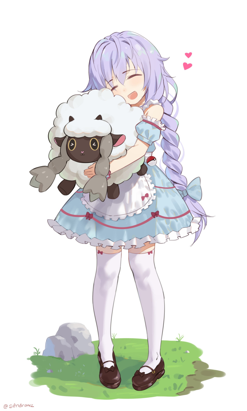 1girl absurdres bare_shoulders blush braid closed_eyes happy heart highres hug kami_jigen_game_neptune_v long_hair neptune_(series) open_mouth poke_ball pokemon pururut ribbon sendrawz sheep single_braid solo thigh-highs tied_hair very_long_hair white_legwear wooloo