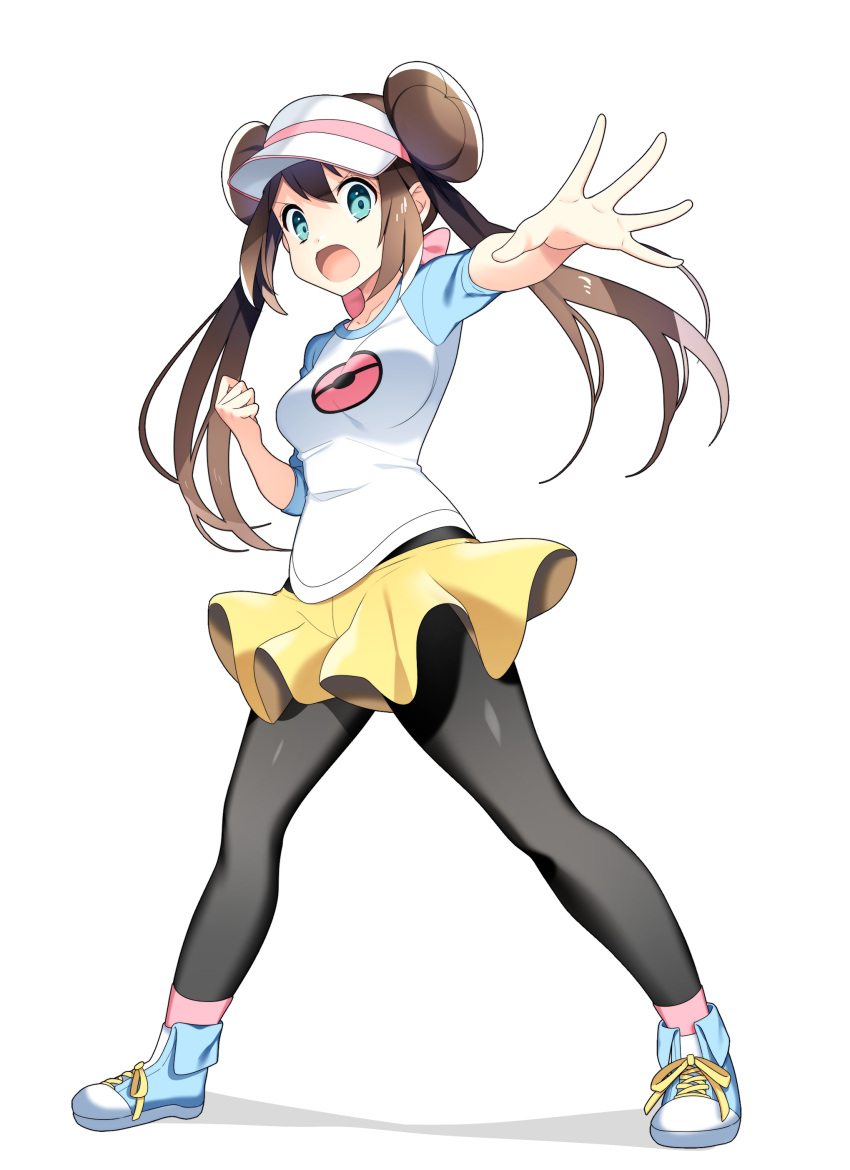 1girl absurdres black_legwear blue_eyes blue_sleeves bow breasts brown_hair floating_hair full_body hair_bow highres long_hair looking_at_viewer medium_breasts mei_(pokemon) miniskirt open_mouth outstretched_arm outstretched_hand pantyhose pink_bow pink_legwear poke_ball_print pokemon pokemon_(game) pokemon_bw2 print_shirt ribbon shiny_legwear shirt short_sleeves simple_background skirt socks solo standing v-shaped_eyebrows very_long_hair visor_cap white_background white_shirt yellow_ribbon yellow_skirt yuihiko