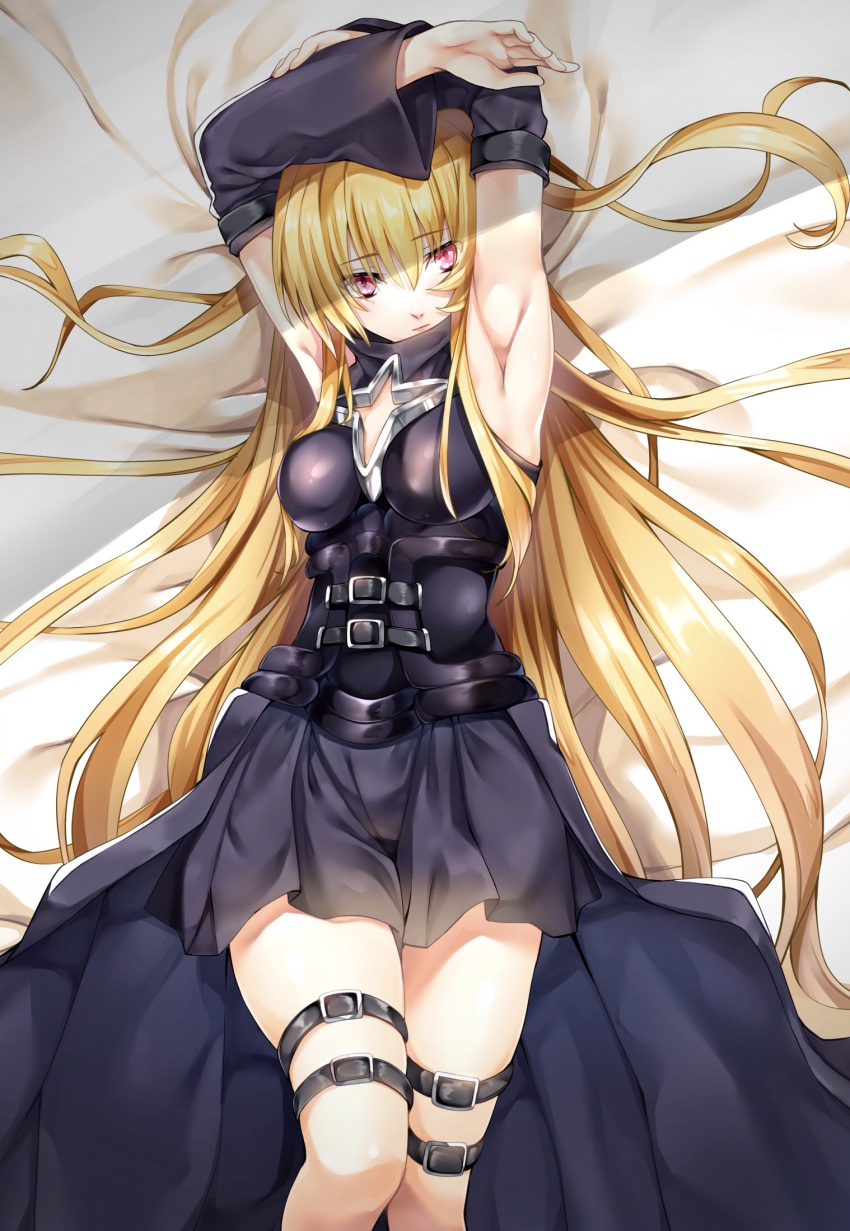 1girl armpits arms_up black_dress black_sleeves blonde_hair breasts cleavage_cutout detached_sleeves dress eyebrows_visible_through_hair from_above hair_between_eyes head_tilt highres imo_(evekelu-111) konjiki_no_yami long_hair long_sleeves looking_at_viewer lying medium_breasts on_back red_eyes short_dress sleeveless sleeveless_dress solo thigh_strap to_love-ru very_long_hair