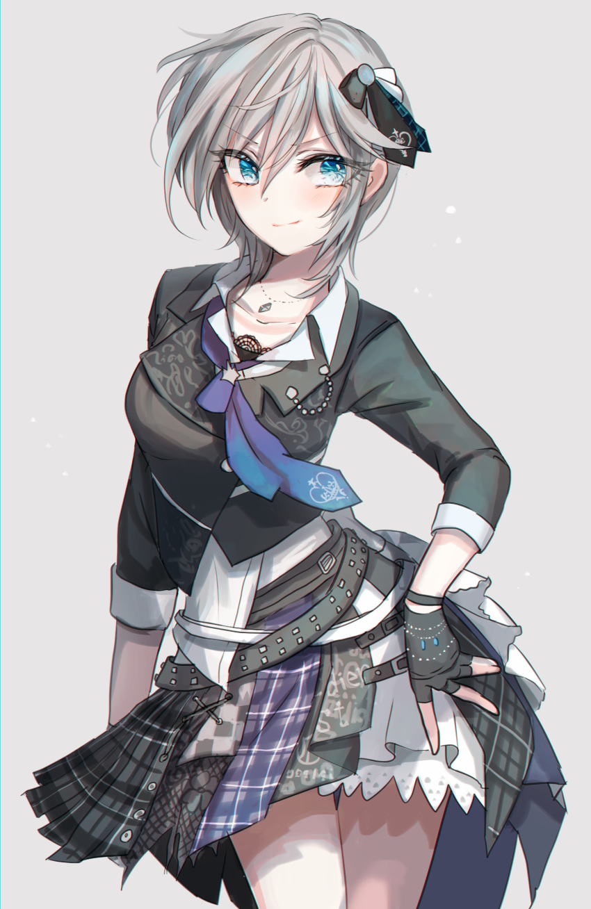 1girl absurdres anastasia_(idolmaster) blue_eyes breasts contrapposto fingerless_gloves gloves grey_hair hand_on_hip highres idolmaster idolmaster_cinderella_girls idolmaster_cinderella_girls_starlight_stage jewelry medium_breasts necklace next_frontier plaid plaid_skirt rum_raisin_(chihiromakita19) short_hair skirt smile solo thigh_gap white_background