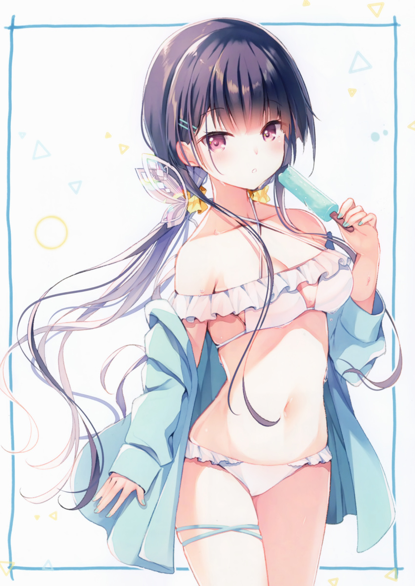 1girl absurdres bangs bare_shoulders bikini blue_jacket blush breasts collarbone eyebrows_visible_through_hair food frilled_bikini frills hair_ornament hair_scrunchie hairclip highres jacket kinoko5123 long_hair looking_at_viewer low_twintails nail_polish navel off_shoulder open_clothes open_jacket original parted_lips popsicle purple_hair red_eyes scan scrunchie shiny shiny_hair simple_background small_breasts solo swimsuit thigh_strap twintails white_background white_bikini yellow_scrunchie