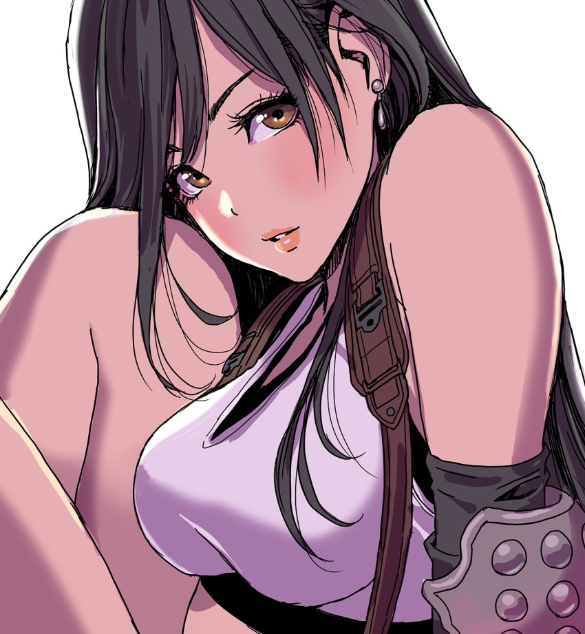 1girl black_hair breasts brown_eyes crop_top earrings eyelashes female final_fantasy final_fantasy_vii highres jewelry lips simple_background suspenders tank_top tifa_lockhart white_background white_tank_top yamashita_shun'ya